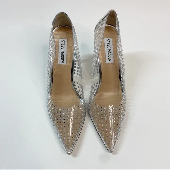 Steve Madden Women's Vala-r Heel in Rhinestone Crystal Silver Clear Pointed Toe - Picture 7 of 14